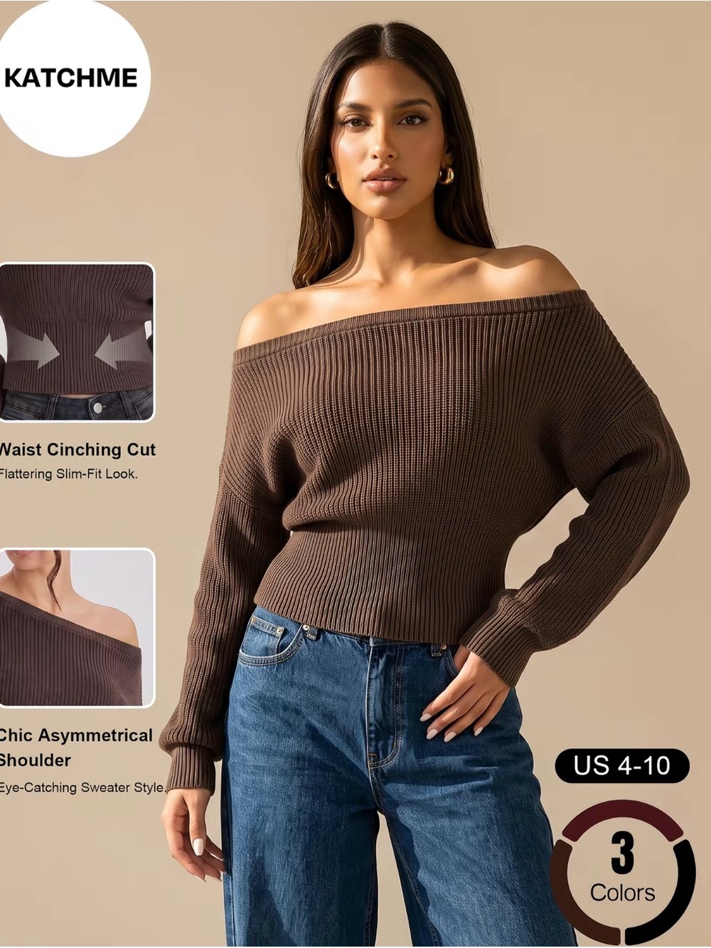 KatchMe Off-Shoulder Ribbed Sweater - Chocolate Brown new small